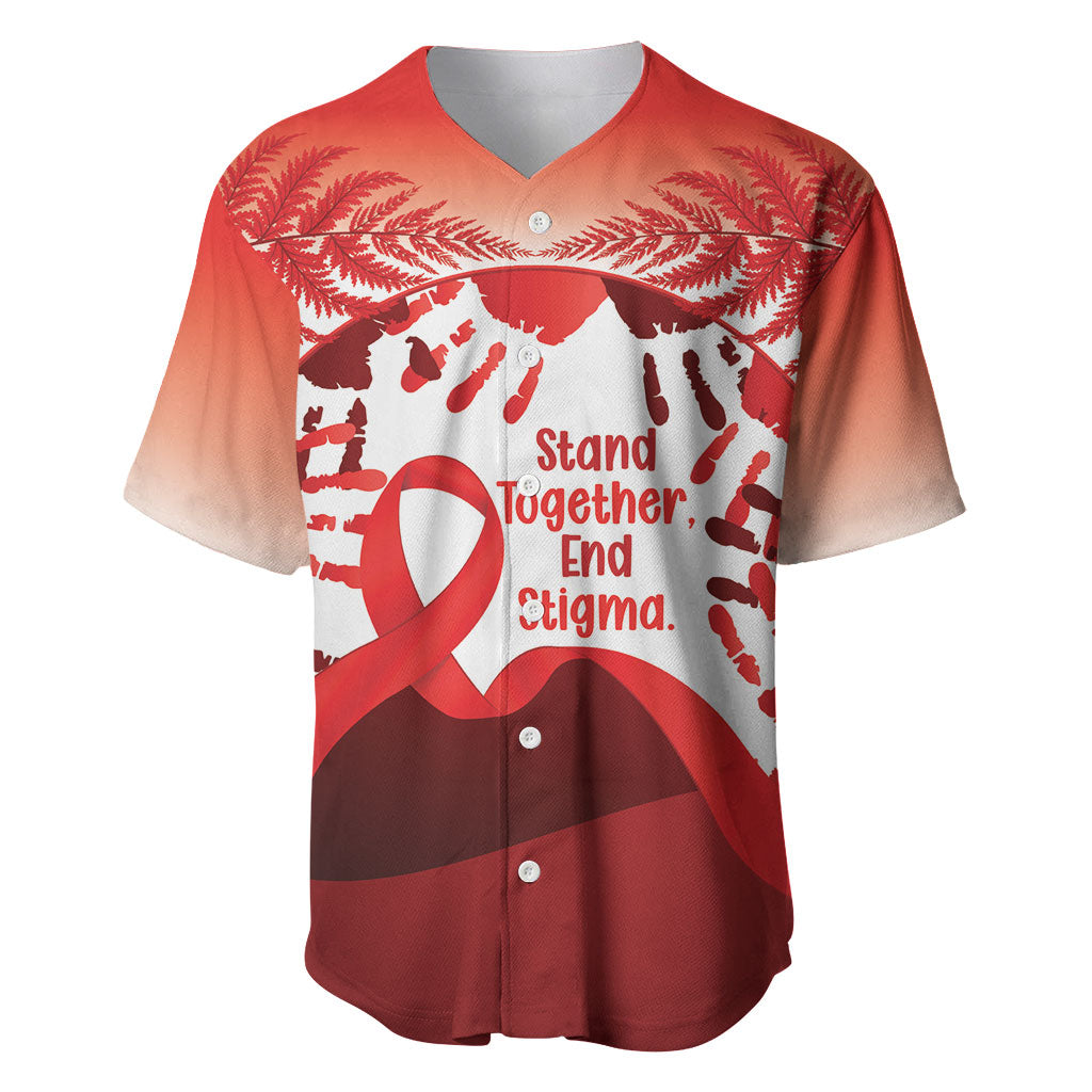 Red Ribbon Day New Zealand Baseball Jersey Stand Together End Stigma NZ Fern LT14 Red - Polynesian Pride