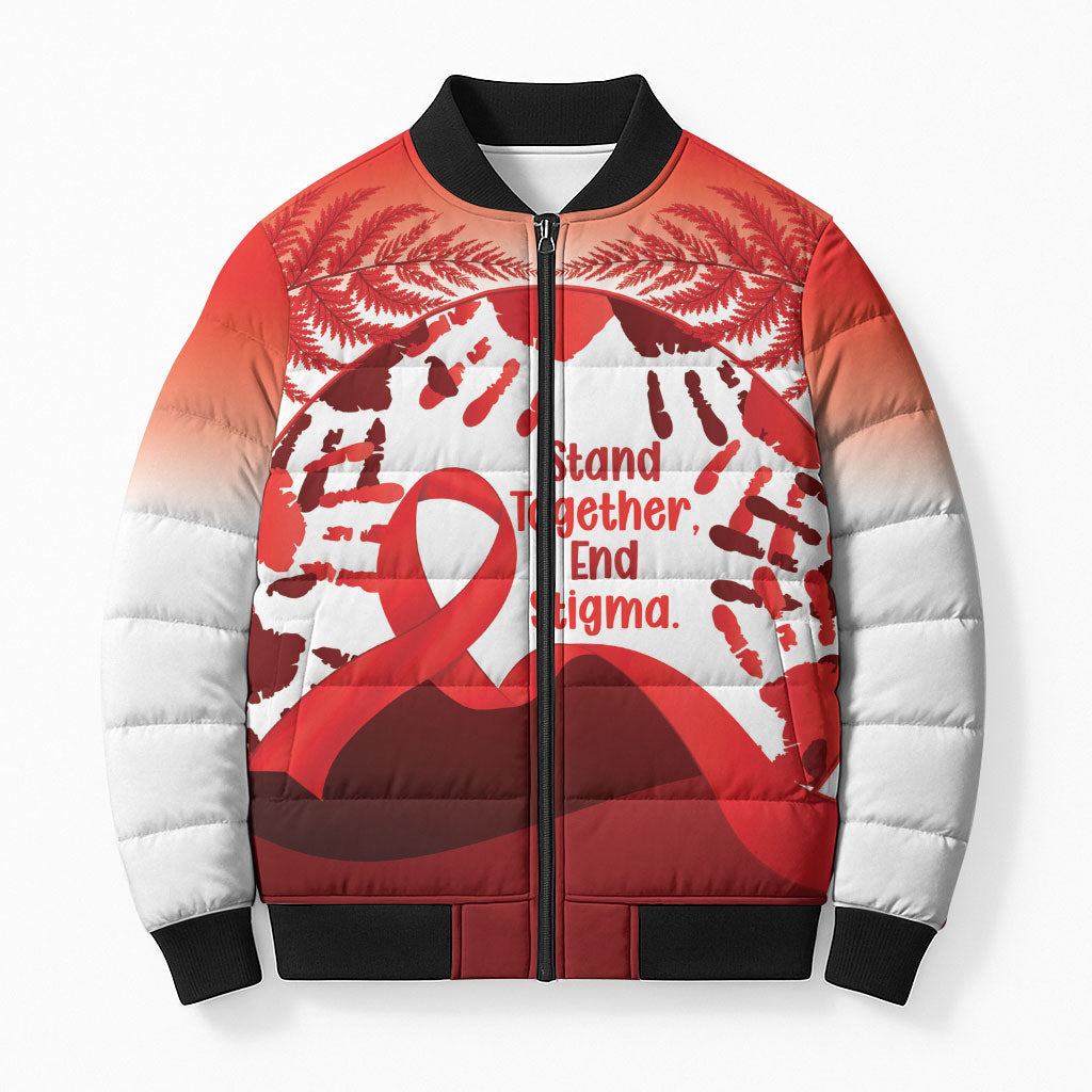 Red Ribbon Day New Zealand Bomber Puffer Jacket Stand Together End Stigma NZ Fern LT14 Unisex Red - Polynesian Pride