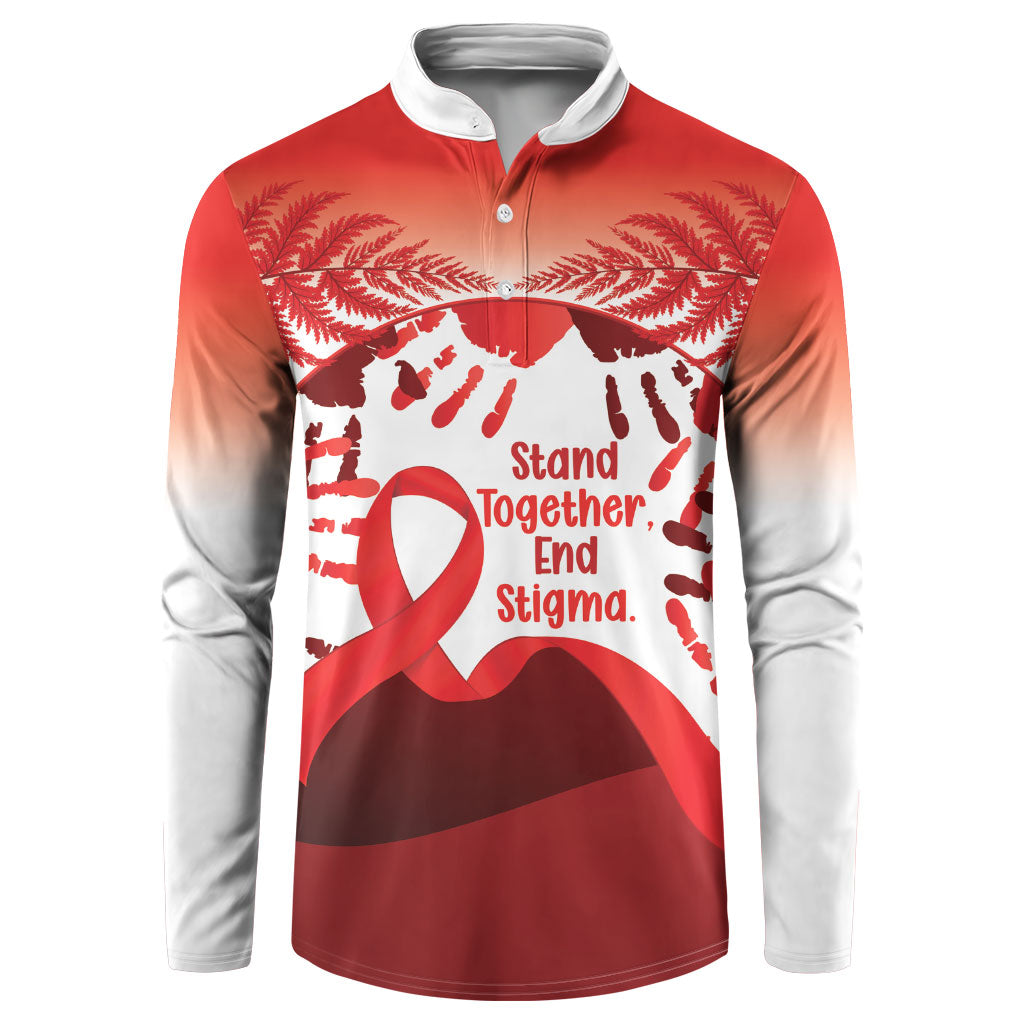 Red Ribbon Day New Zealand Button Sweatshirt Stand Together End Stigma NZ Fern LT14 Red - Polynesian Pride