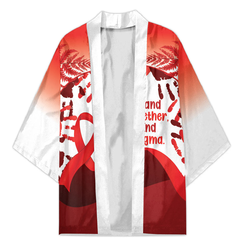 Red Ribbon Day New Zealand Kimono Stand Together End Stigma NZ Fern LT14 Unisex Red - Polynesian Pride