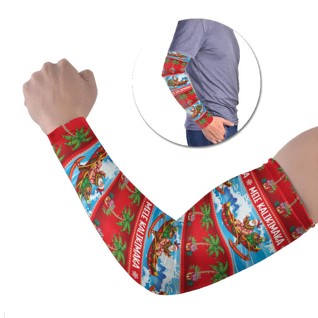 Hawaii Mele Kalikimaka Arm Sleeves Outrigger Canoe Santa Festive Palm Seamless LT14 Set of 2 Red - Polynesian Pride