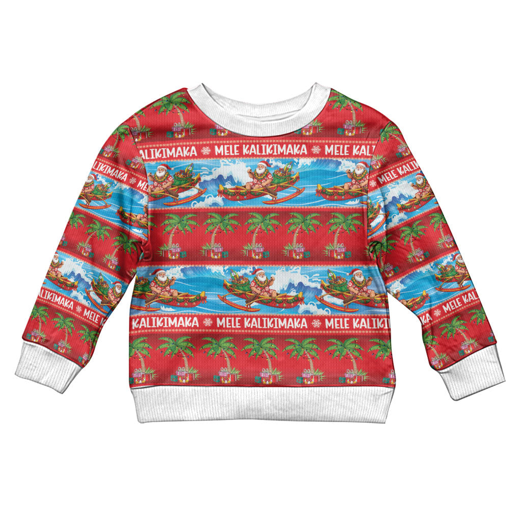 Hawaii Mele Kalikimaka Kid Ugly Christmas Sweater Outrigger Canoe Santa Festive Palm Seamless LT14 Kid Red - Polynesian Pride