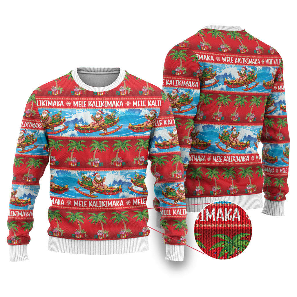 Hawaii Mele Kalikimaka Ugly Christmas Sweater Outrigger Canoe Santa Festive Palm Seamless LT14 Red - Polynesian Pride