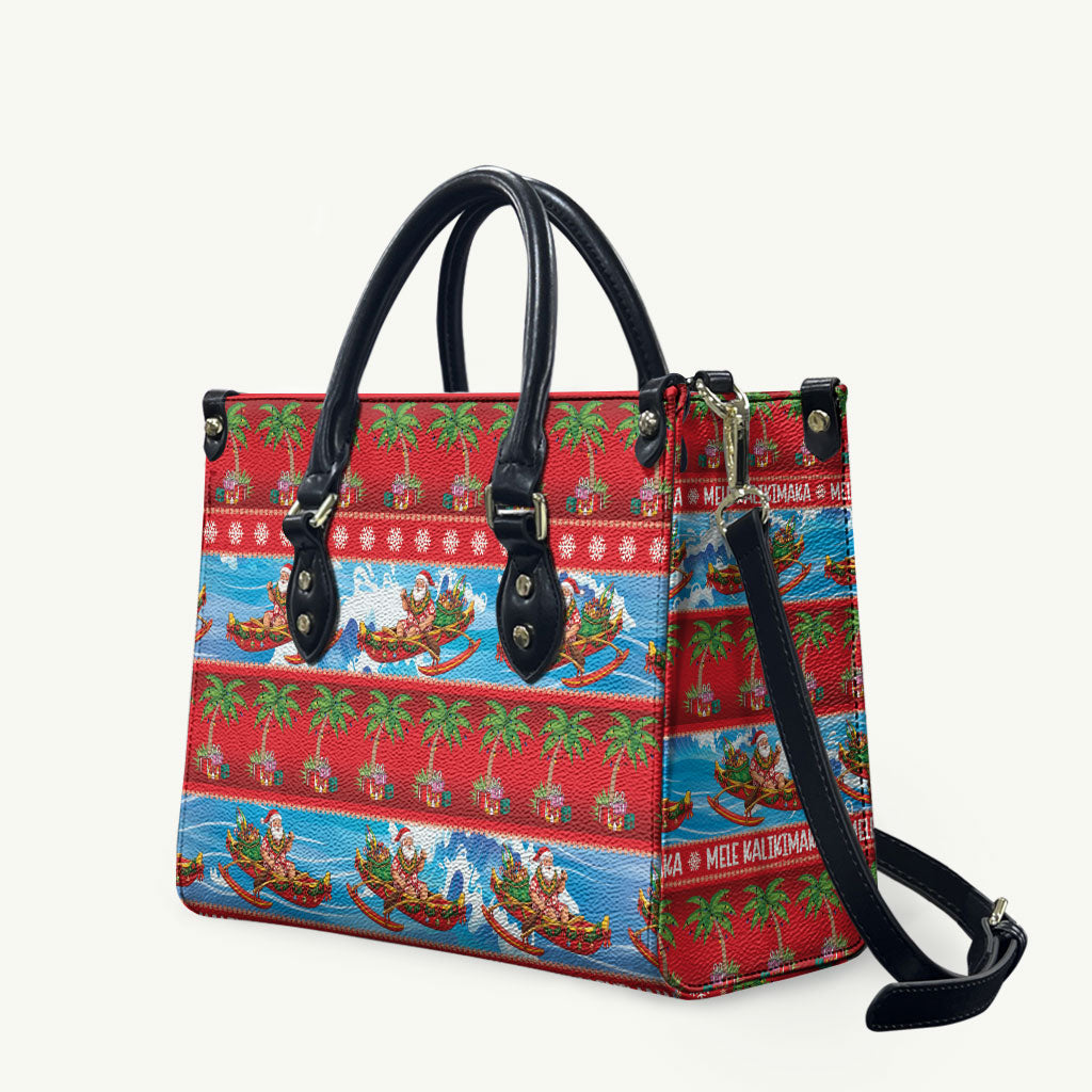 Hawaii Mele Kalikimaka Leather Bag Outrigger Canoe Santa Festive Palm Seamless LT14 Red - Polynesian Pride