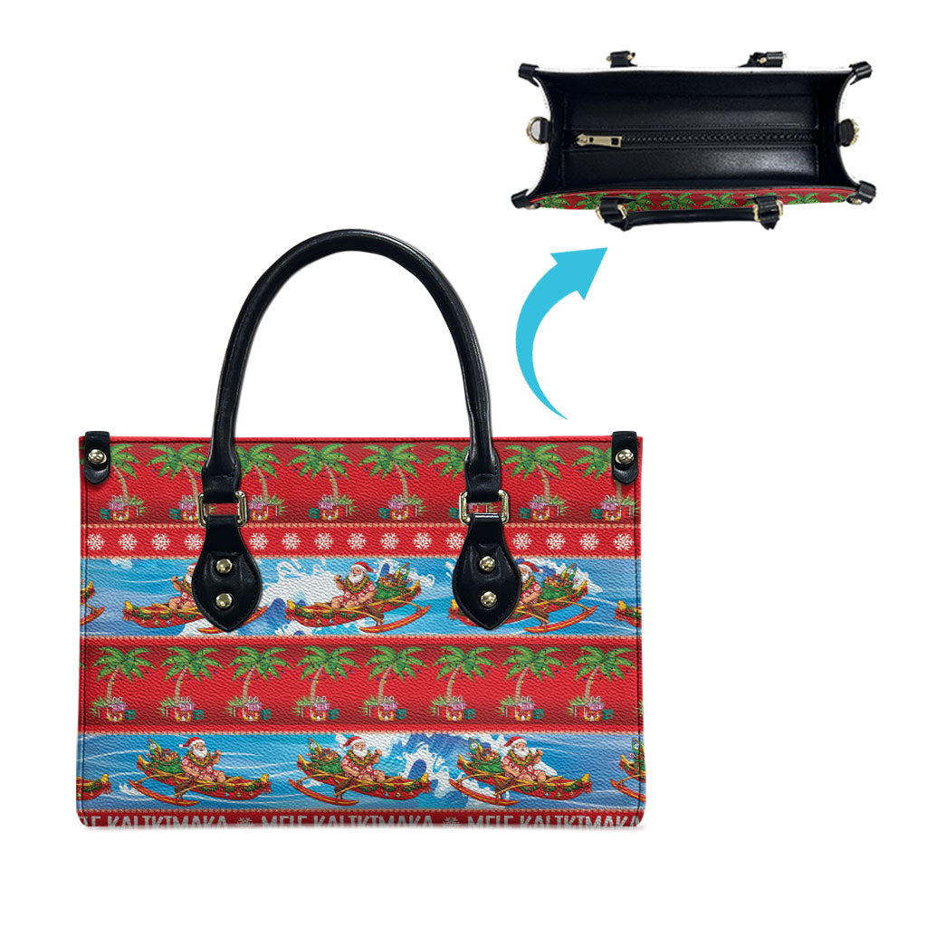 Hawaii Mele Kalikimaka Leather Bag Outrigger Canoe Santa Festive Palm Seamless LT14 - Polynesian Pride