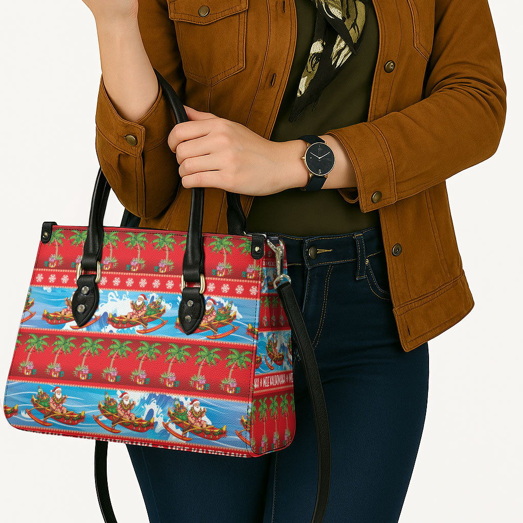 Hawaii Mele Kalikimaka Leather Bag Outrigger Canoe Santa Festive Palm Seamless LT14 - Polynesian Pride