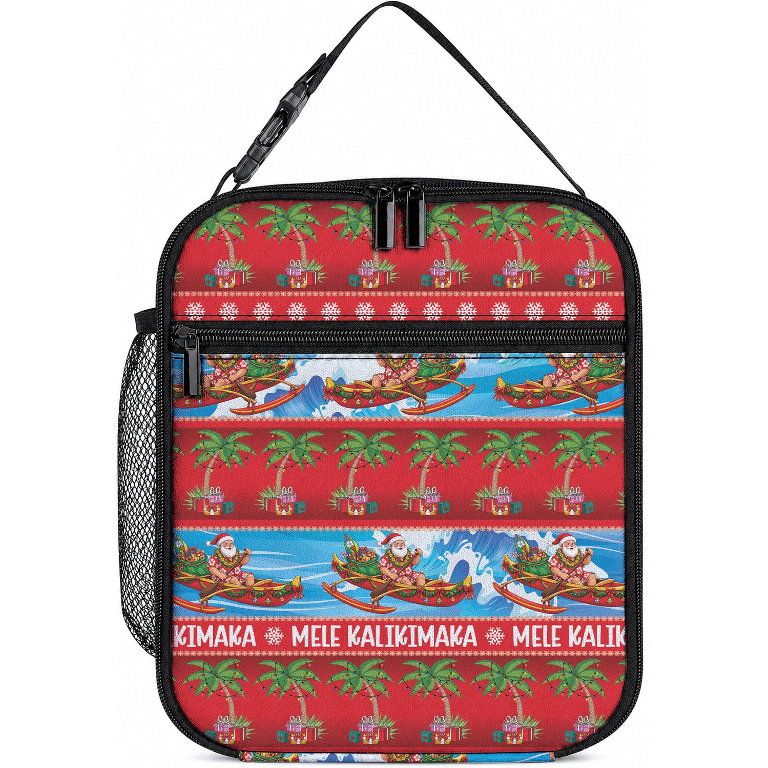 Hawaii Mele Kalikimaka Lunch Bag Outrigger Canoe Santa Festive Palm Seamless LT14 10.2 × 8.3 × 4.3 inch Red - Polynesian Pride
