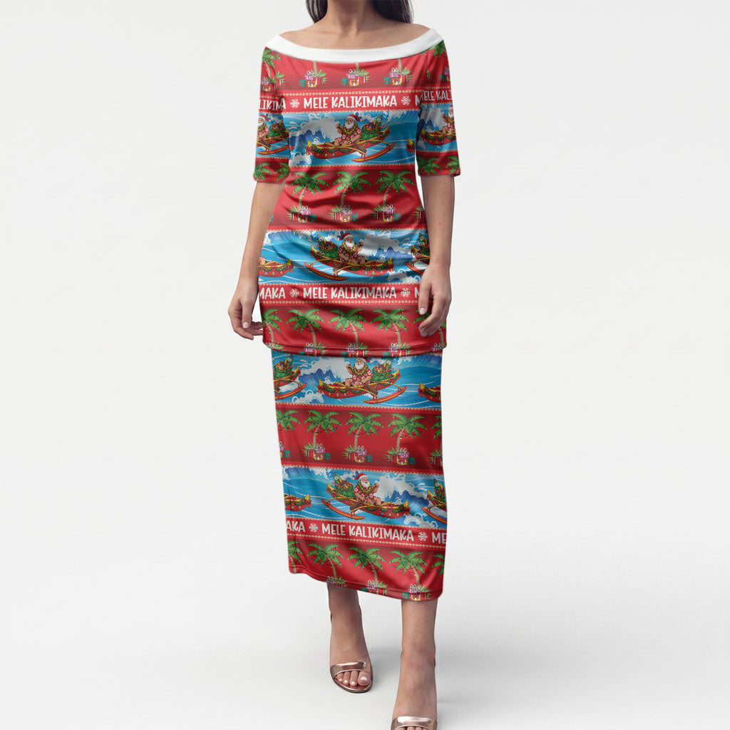 Hawaii Mele Kalikimaka Puletasi Outrigger Canoe Santa Festive Palm Seamless LT14 Long Dress Red - Polynesian Pride