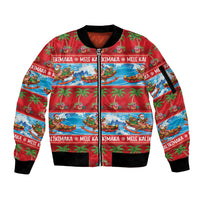 Hawaii Mele Kalikimaka Sleeve Zip Bomber Jacket Outrigger Canoe Santa Festive Palm Seamless LT14 Unisex Red - Polynesian Pride
