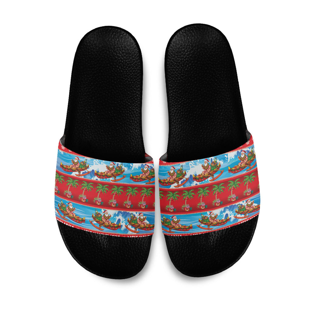 Hawaii Mele Kalikimaka Slide Sandals Outrigger Canoe Santa Festive Palm Seamless LT14 Red - Polynesian Pride