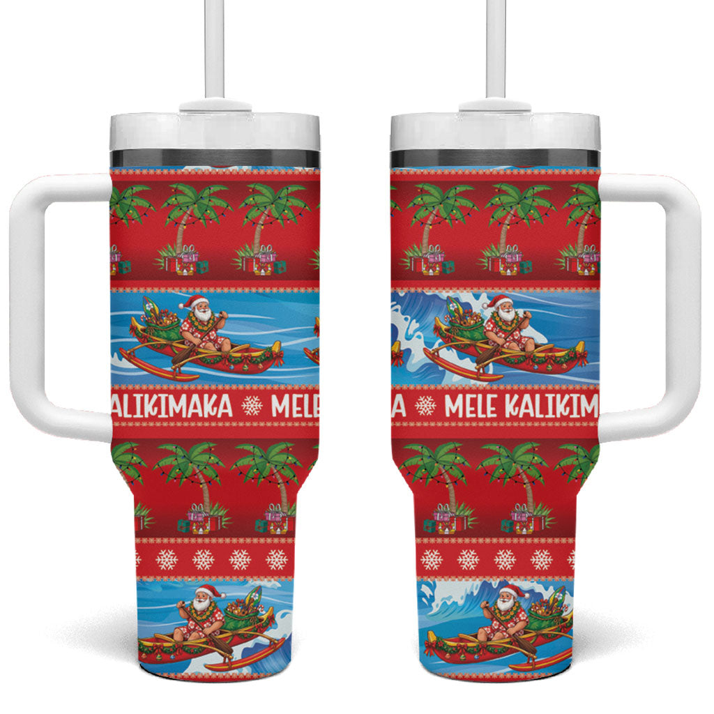 Hawaii Mele Kalikimaka Tumbler With Handle Outrigger Canoe Santa Festive Palm Seamless LT14 One Size: 40 oz Red - Polynesian Pride