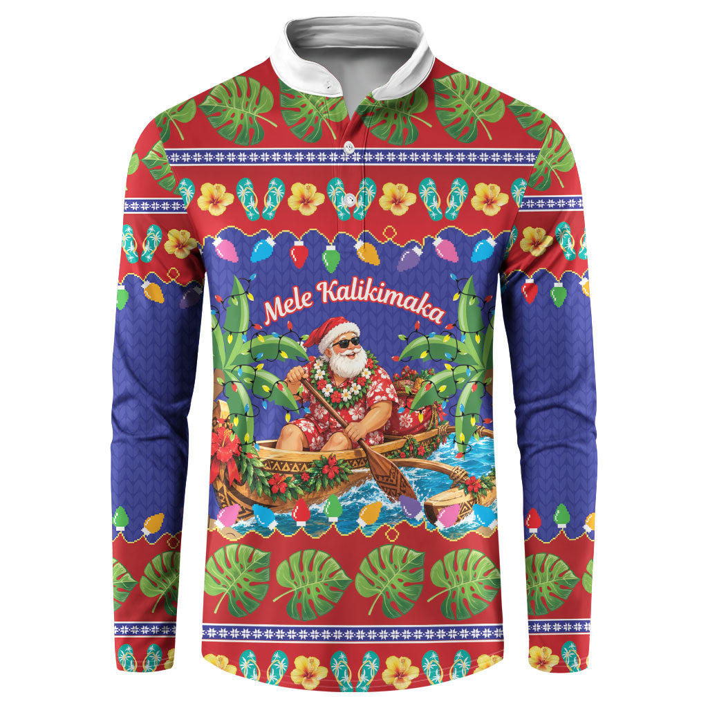 Santa Claus In Outrigger Canoe Hawaii Christmas Button Sweatshirt Mele Kalikimaka Hawaiian Tropical Vibes LT14 Blue - Polynesian Pride