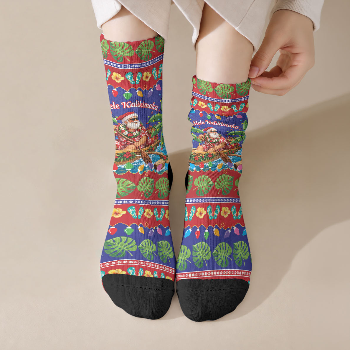 Santa Claus In Outrigger Canoe Hawaii Christmas Crew Socks Mele Kalikimaka Hawaiian Tropical Vibes LT14 Crew Socks Blue - Polynesian Pride