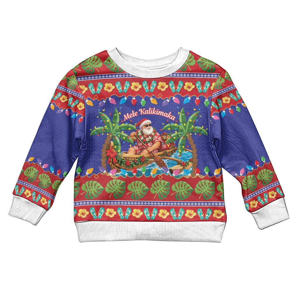 Santa Claus In Outrigger Canoe Hawaii Christmas Kid Ugly Christmas Sweater Mele Kalikimaka Hawaiian Tropical Vibes LT14 Kid Blue - Polynesian Pride