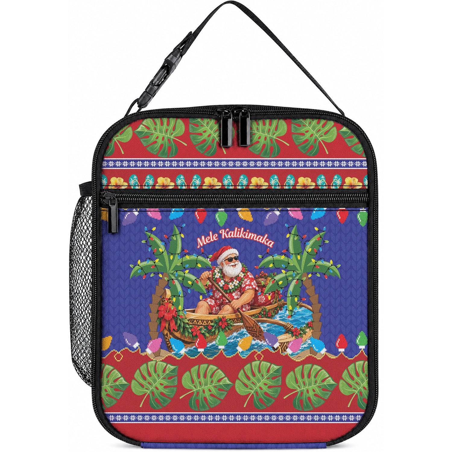 Santa Claus In Outrigger Canoe Hawaii Christmas Lunch Bag Mele Kalikimaka Hawaiian Tropical Vibes LT14 10.2 × 8.3 × 4.3 inch Blue - Polynesian Pride