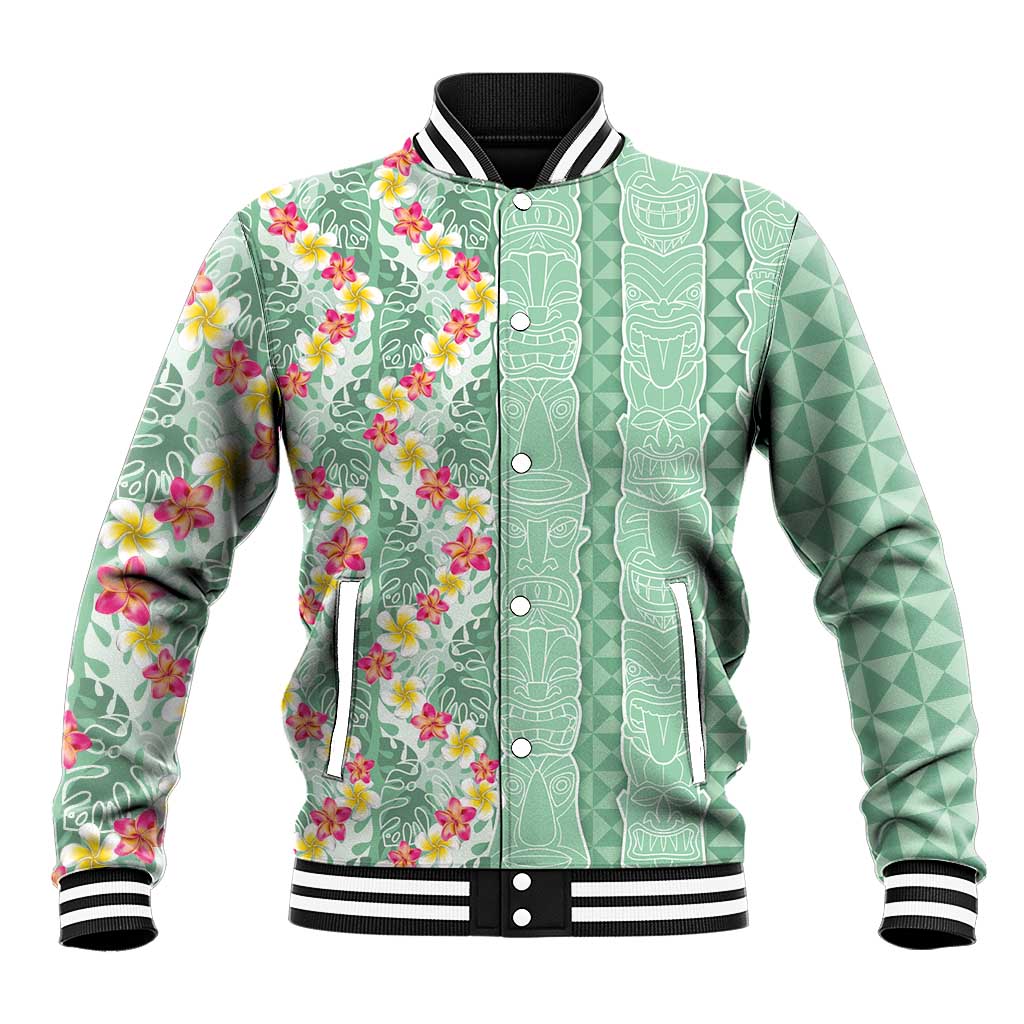 Menthol Green Aloha Hawaii Tiki Baseball Jacket Tropical Plumeria - Seamless Style