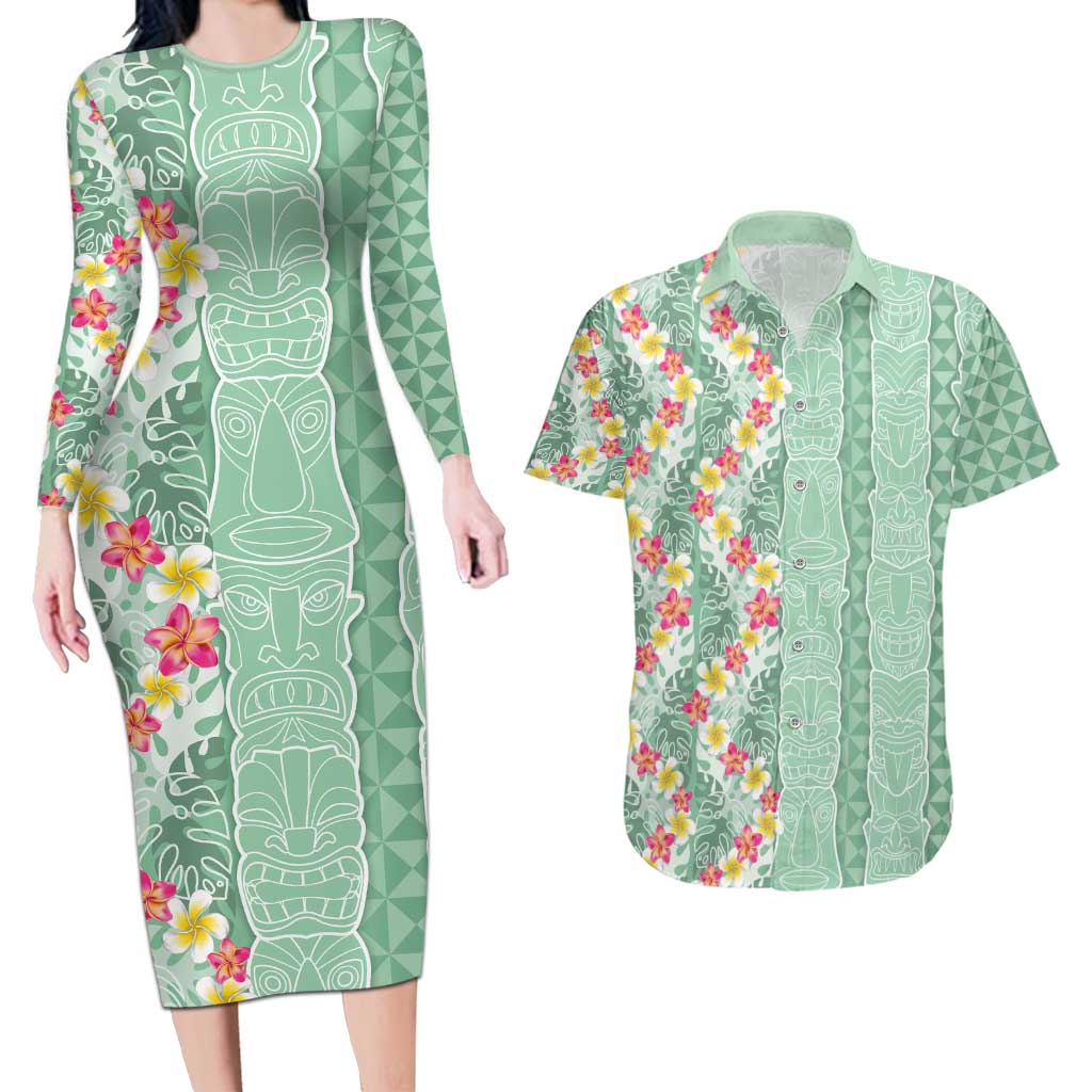 Menthol Green Aloha Hawaii Tiki Couples Matching Long Sleeve Bodycon Dress and Hawaiian Shirt Tropical Plumeria - Seamless Style LT14 Green - Polynesian Pride