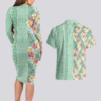 Menthol Green Aloha Hawaii Tiki Couples Matching Long Sleeve Bodycon Dress and Hawaiian Shirt Tropical Plumeria - Seamless Style LT14 - Polynesian Pride