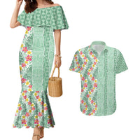 Menthol Green Aloha Hawaii Tiki Couples Matching Mermaid Dress and Hawaiian Shirt Tropical Plumeria - Seamless Style LT14 Green - Polynesian Pride