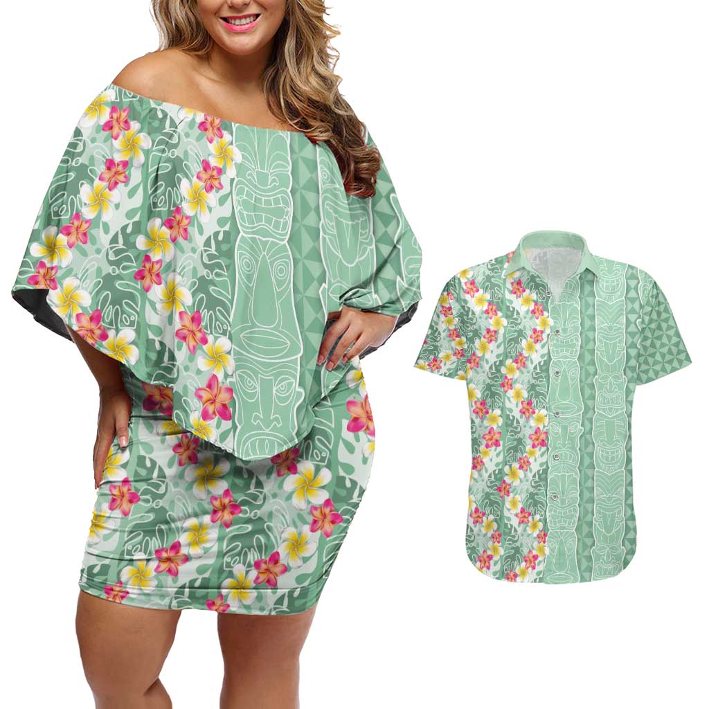 Menthol Green Aloha Hawaii Tiki Couples Matching Off Shoulder Short Dress and Hawaiian Shirt Tropical Plumeria - Seamless Style
