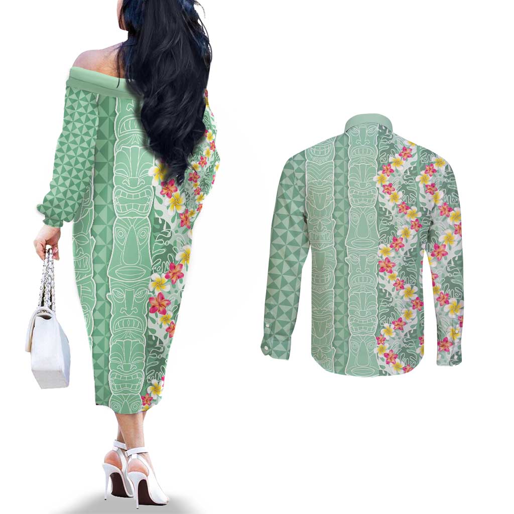 Menthol Green Aloha Hawaii Tiki Couples Matching Off The Shoulder Long Sleeve Dress and Long Sleeve Button Shirt Tropical Plumeria - Seamless Style