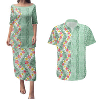 Menthol Green Aloha Hawaii Tiki Couples Matching Puletasi and Hawaiian Shirt Tropical Plumeria - Seamless Style