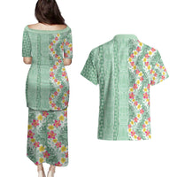 Menthol Green Aloha Hawaii Tiki Couples Matching Puletasi and Hawaiian Shirt Tropical Plumeria - Seamless Style