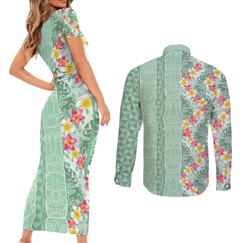 Menthol Green Aloha Hawaii Tiki Couples Matching Short Sleeve Bodycon Dress and Long Sleeve Button Shirt Tropical Plumeria - Seamless Style