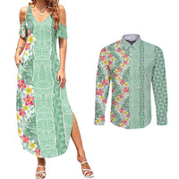 Menthol Green Aloha Hawaii Tiki Couples Matching Summer Maxi Dress and Long Sleeve Button Shirt Tropical Plumeria - Seamless Style