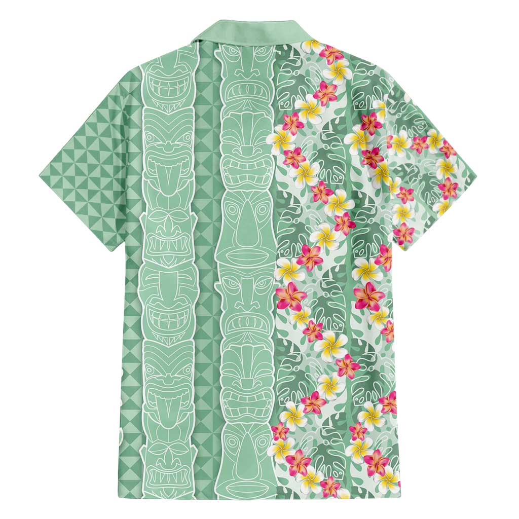 Menthol Green Aloha Hawaii Tiki Family Matching Long Sleeve Bodycon Dress and Hawaiian Shirt Tropical Plumeria - Seamless Style