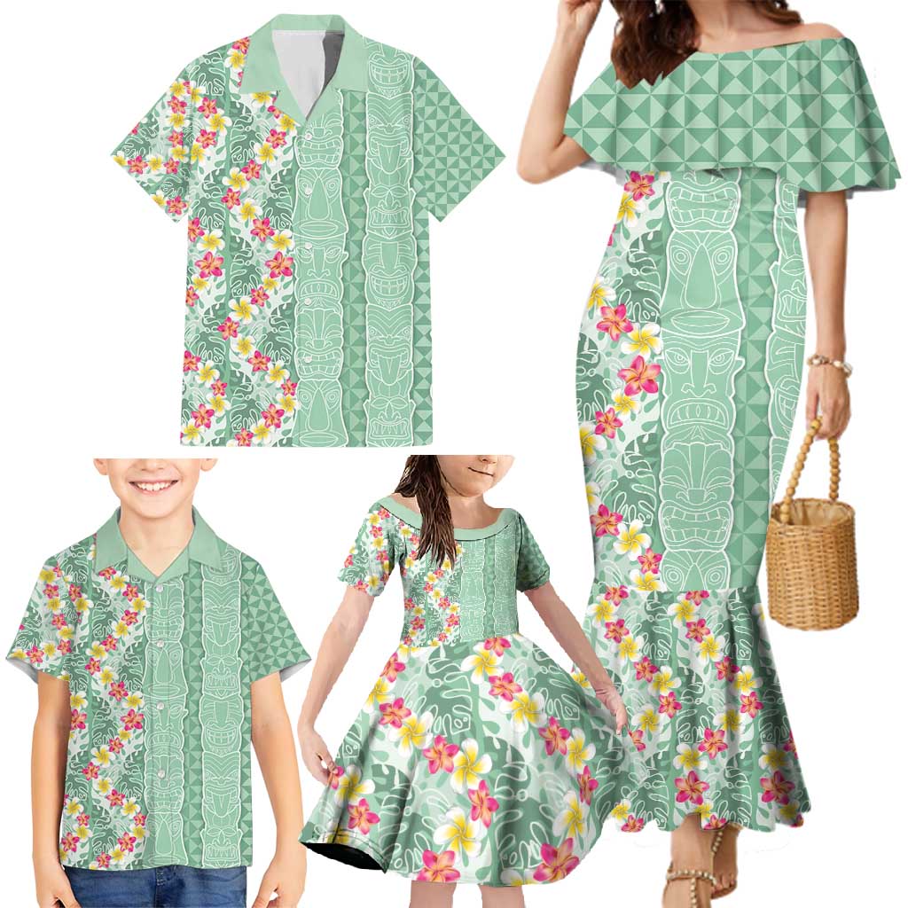Menthol Green Aloha Hawaii Tiki Family Matching Mermaid Dress and Hawaiian Shirt Tropical Plumeria - Seamless Style