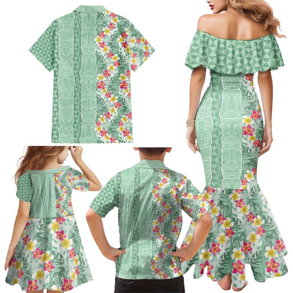 Menthol Green Aloha Hawaii Tiki Family Matching Mermaid Dress and Hawaiian Shirt Tropical Plumeria - Seamless Style