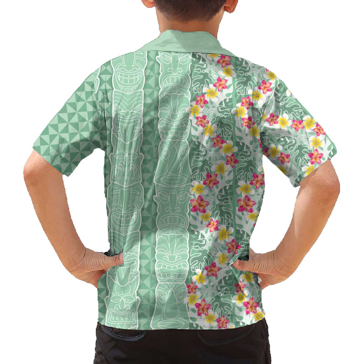 Menthol Green Aloha Hawaii Tiki Family Matching Off The Shoulder Long Sleeve Dress and Hawaiian Shirt Tropical Plumeria - Seamless Style LT14 - Polynesian Pride