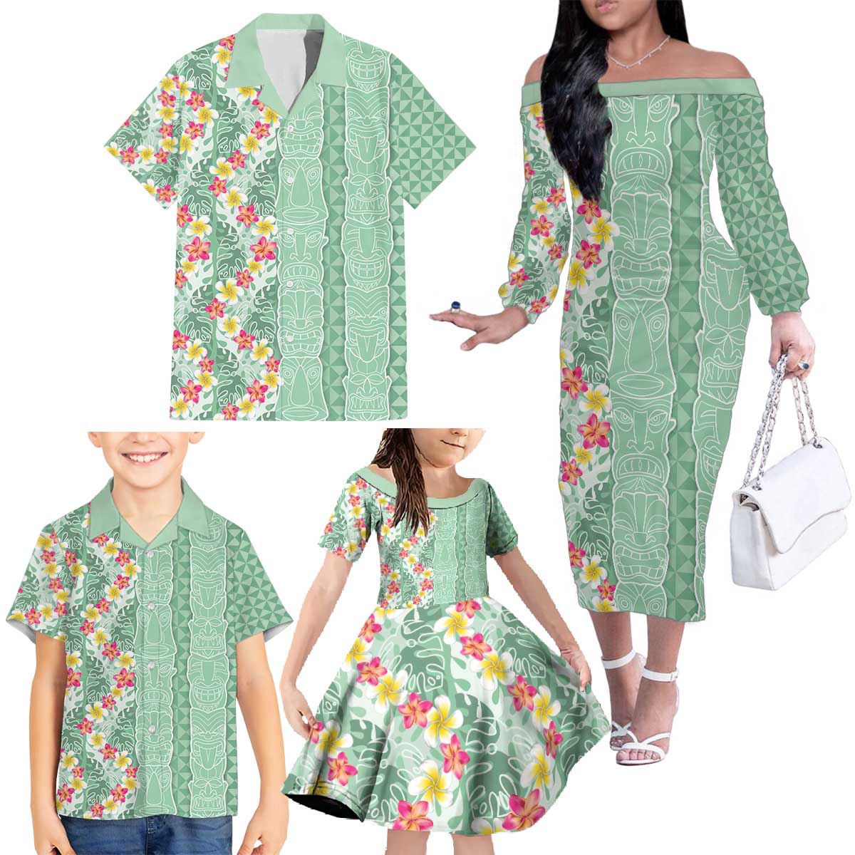 Menthol Green Aloha Hawaii Tiki Family Matching Off The Shoulder Long Sleeve Dress and Hawaiian Shirt Tropical Plumeria - Seamless Style LT14 - Polynesian Pride