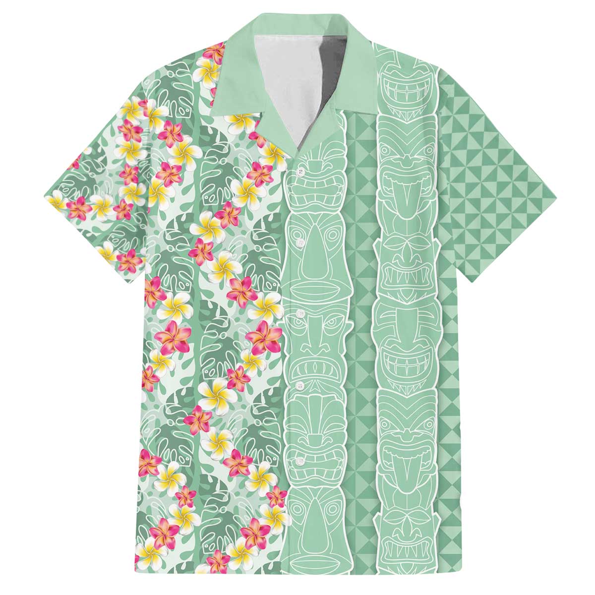 Menthol Green Aloha Hawaii Tiki Family Matching Off The Shoulder Long Sleeve Dress and Hawaiian Shirt Tropical Plumeria - Seamless Style LT14 Dad's Shirt - Short Sleeve Green - Polynesian Pride