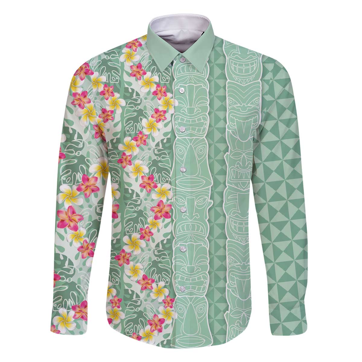 Menthol Green Aloha Hawaii Tiki Family Matching Off The Shoulder Long Sleeve Dress and Hawaiian Shirt Tropical Plumeria - Seamless Style LT14 Dad's Shirt - Long Sleeve Green - Polynesian Pride
