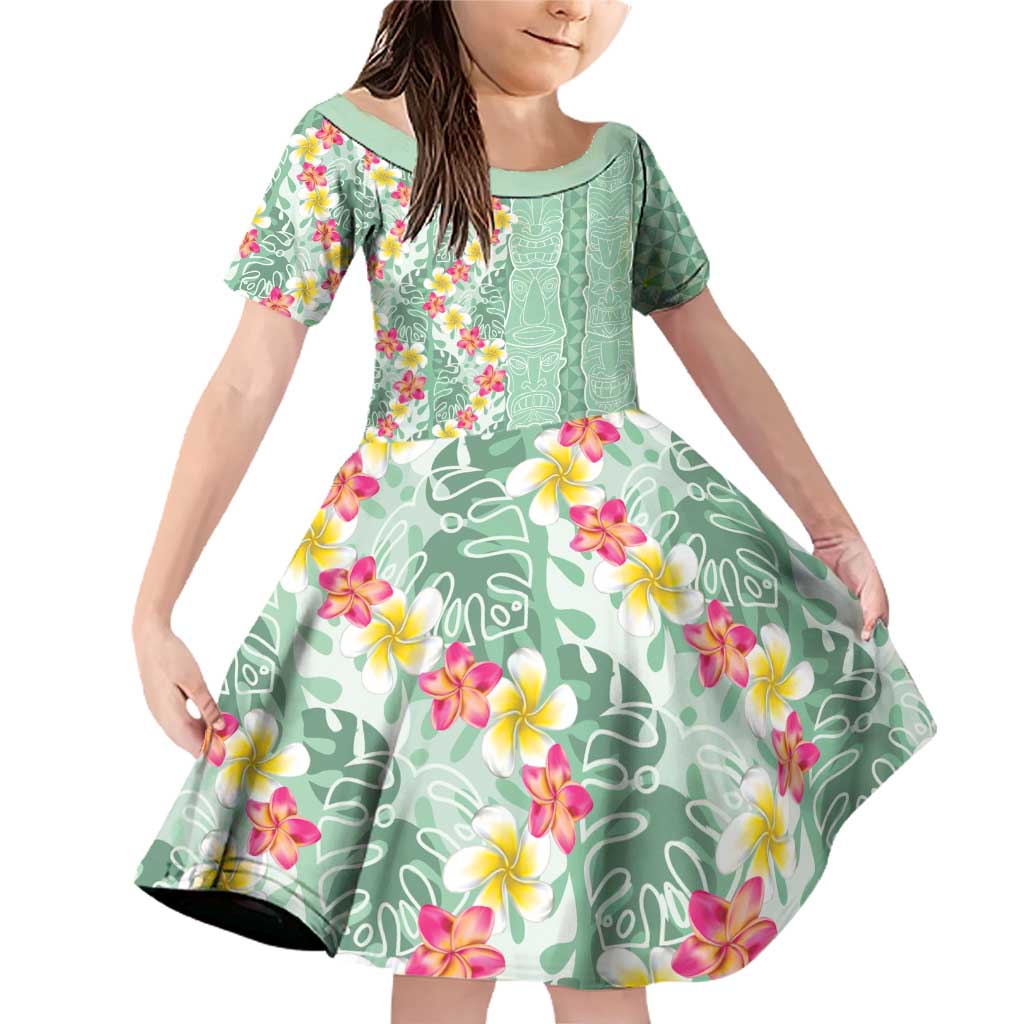 Menthol Green Aloha Hawaii Tiki Family Matching Off Shoulder Short Dress and Hawaiian Shirt Tropical Plumeria - Seamless Style LT14 Daughter's Dress Green - Polynesian Pride