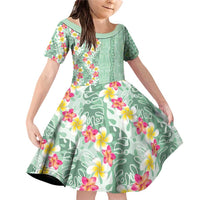 Menthol Green Aloha Hawaii Tiki Family Matching Off Shoulder Short Dress and Hawaiian Shirt Tropical Plumeria - Seamless Style LT14 Daughter's Dress Green - Polynesian Pride