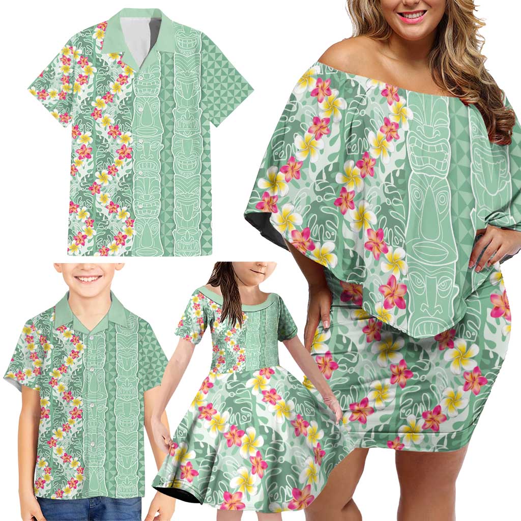 Menthol Green Aloha Hawaii Tiki Family Matching Off Shoulder Short Dress and Hawaiian Shirt Tropical Plumeria - Seamless Style LT14 - Polynesian Pride