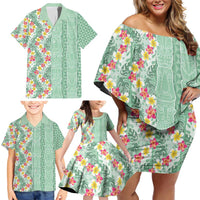 Menthol Green Aloha Hawaii Tiki Family Matching Off Shoulder Short Dress and Hawaiian Shirt Tropical Plumeria - Seamless Style LT14 - Polynesian Pride