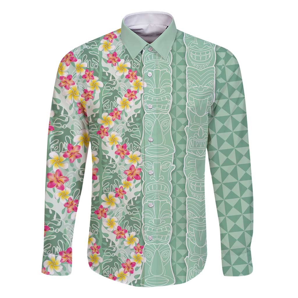Menthol Green Aloha Hawaii Tiki Family Matching Off Shoulder Short Dress and Hawaiian Shirt Tropical Plumeria - Seamless Style LT14 Dad's Shirt - Long Sleeve Green - Polynesian Pride