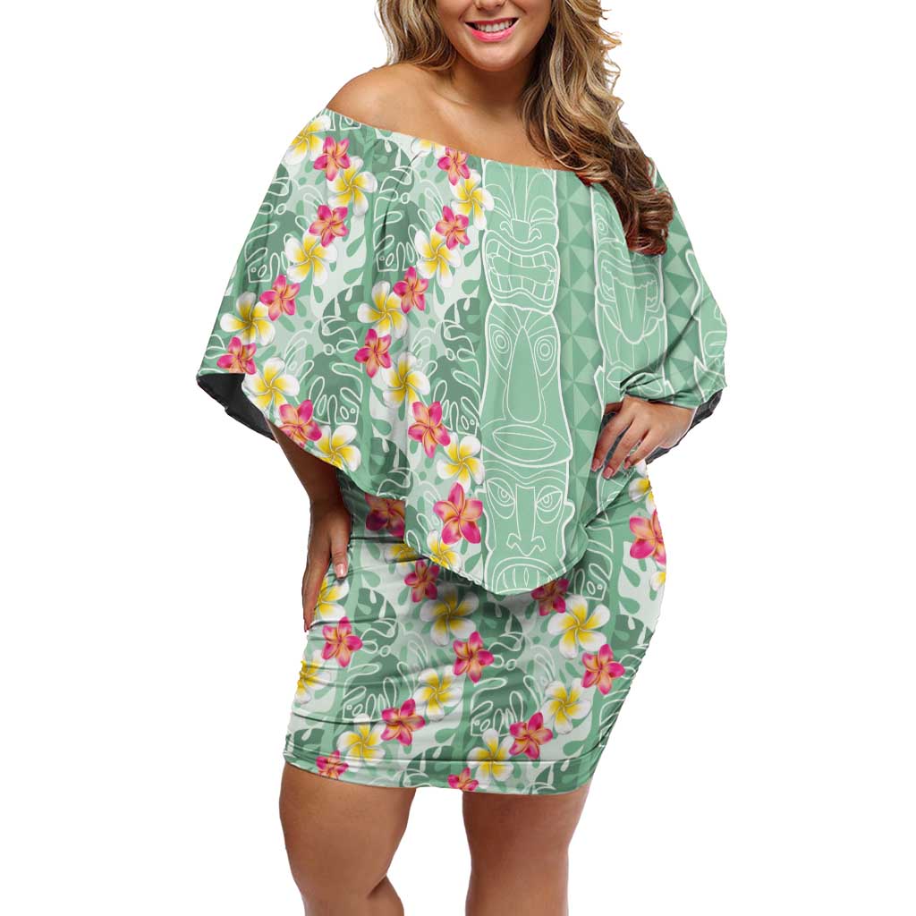 Menthol Green Aloha Hawaii Tiki Family Matching Off Shoulder Short Dress and Hawaiian Shirt Tropical Plumeria - Seamless Style LT14 Mom's Dress Green - Polynesian Pride
