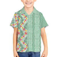 Menthol Green Aloha Hawaii Tiki Family Matching Off Shoulder Short Dress and Hawaiian Shirt Tropical Plumeria - Seamless Style LT14 Son's Shirt Green - Polynesian Pride