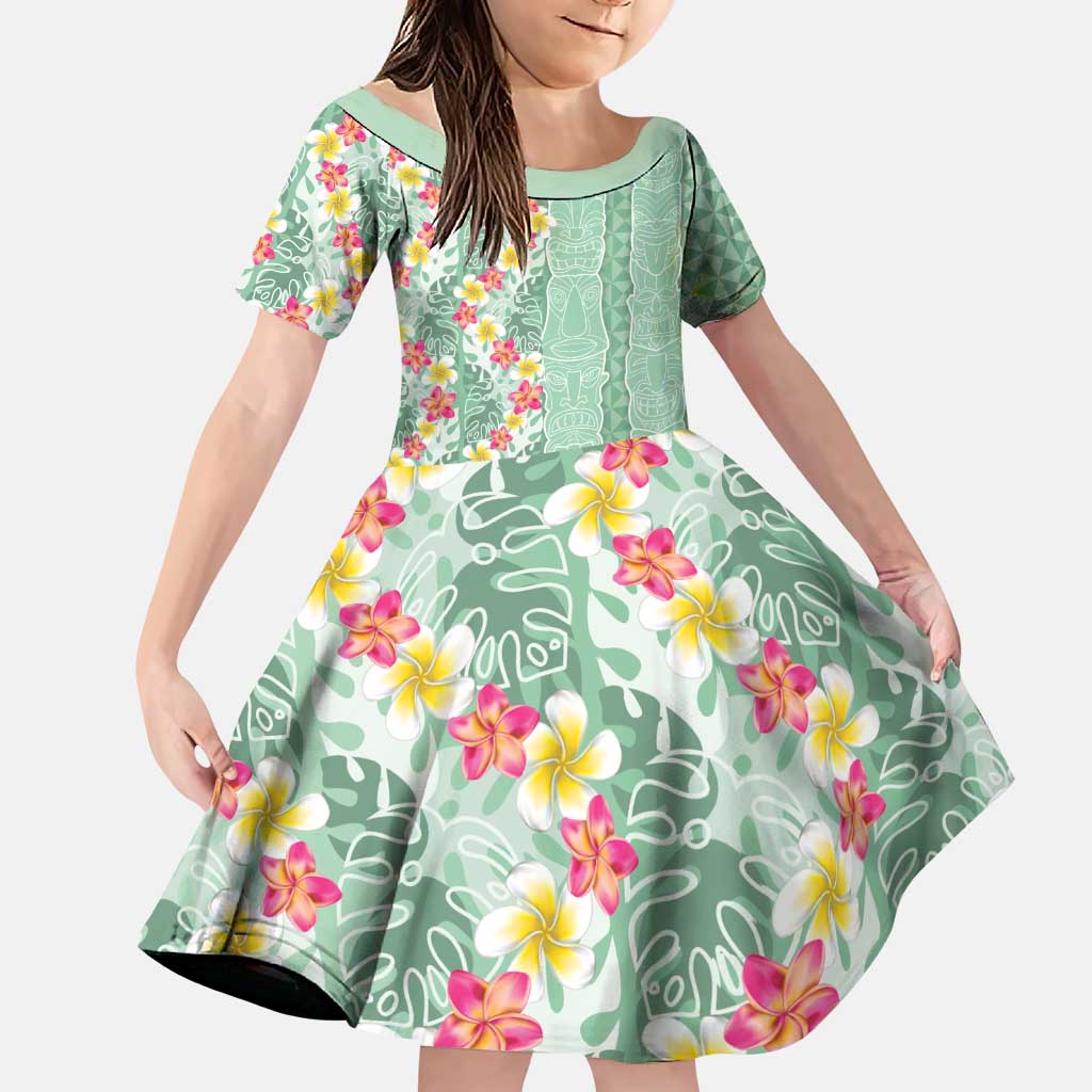 Menthol Green Aloha Hawaii Tiki Family Matching Puletasi and Hawaiian Shirt Tropical Plumeria - Seamless Style LT14 Daughter's Dress Green - Polynesian Pride