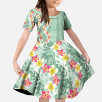Menthol Green Aloha Hawaii Tiki Family Matching Puletasi and Hawaiian Shirt Tropical Plumeria - Seamless Style LT14 Daughter's Dress Green - Polynesian Pride