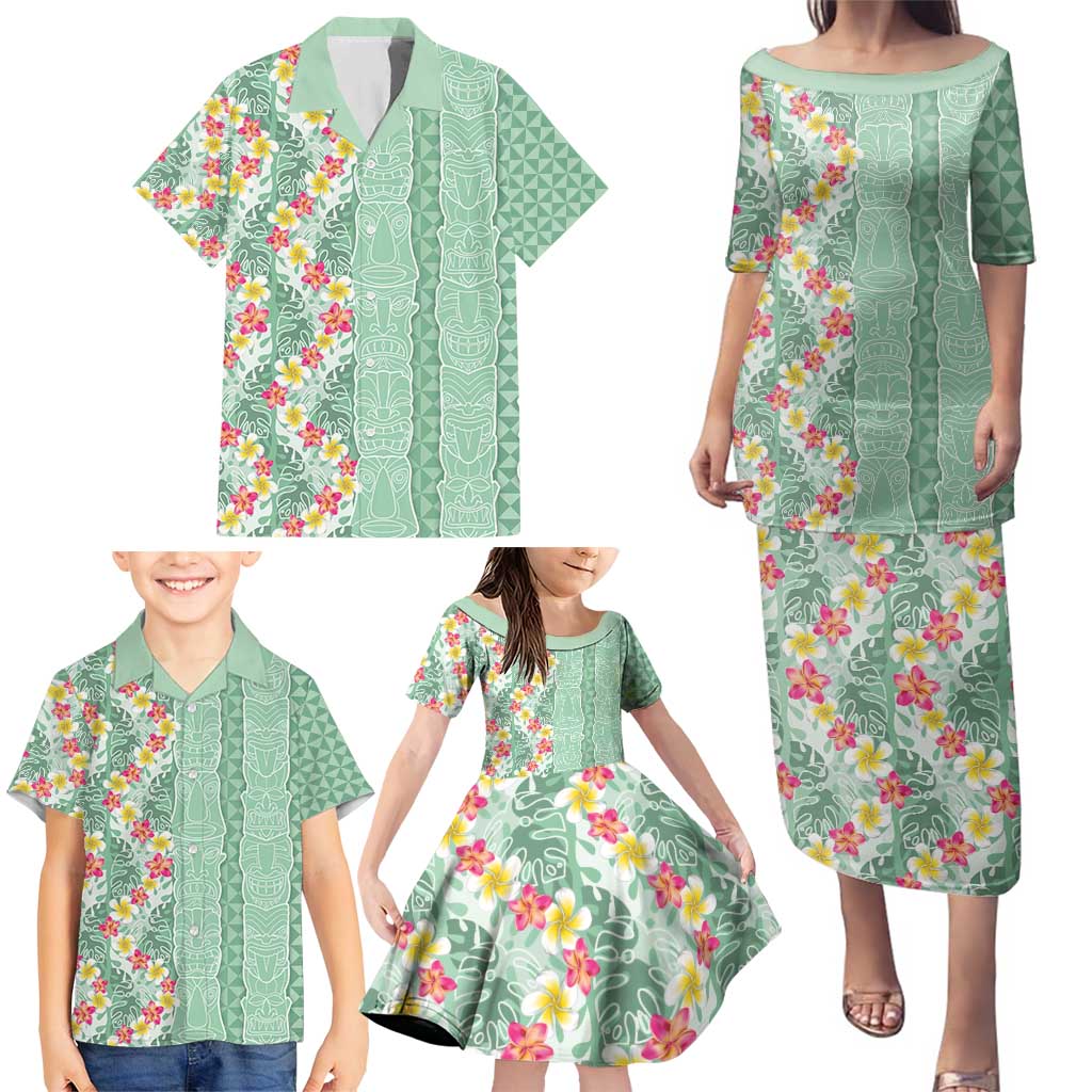 Menthol Green Aloha Hawaii Tiki Family Matching Puletasi and Hawaiian Shirt Tropical Plumeria - Seamless Style LT14 - Polynesian Pride