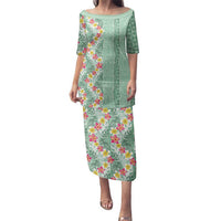 Menthol Green Aloha Hawaii Tiki Family Matching Puletasi and Hawaiian Shirt Tropical Plumeria - Seamless Style LT14 Mom's Dress Green - Polynesian Pride