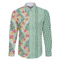 Menthol Green Aloha Hawaii Tiki Family Matching Tank Maxi Dress and Hawaiian Shirt Tropical Plumeria - Seamless Style LT14 Dad's Shirt - Long Sleeve Green - Polynesian Pride