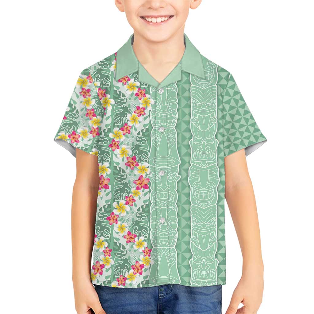 Menthol Green Aloha Hawaii Tiki Family Matching Tank Maxi Dress and Hawaiian Shirt Tropical Plumeria - Seamless Style LT14 Son's Shirt Green - Polynesian Pride