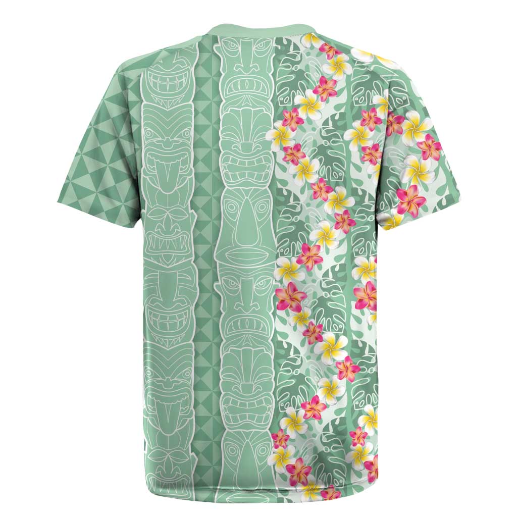 Menthol Green Aloha Hawaii Tiki Rugby Jersey Tropical Plumeria - Seamless Style